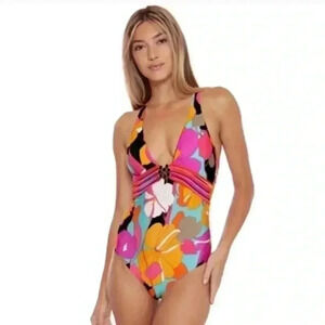 Trina Turk Pink and Yellow One Piece Swimsuit with Halter Neck